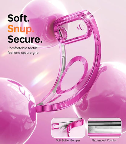 Meifigno Designed for iPhone Air Case with Ring Stand (6.5"), [Built-in Mirror] [Compatible with MagSafe] [Glitter Card & Wrist Strap] Removable Phone Stand +Designed for iPhone 17 Air Case, Hot Pink