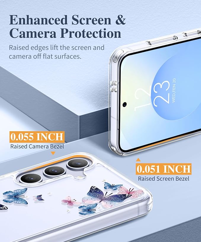 GVIEWIN for Samsung Galaxy S25 Plus Case, Clear Floral Slim Shockproof Protective Women Phone Case, Non-Yellowing, with Screen Protector & Camera Lens Protector for S25 Plus 6.7", Colorful Butterfly