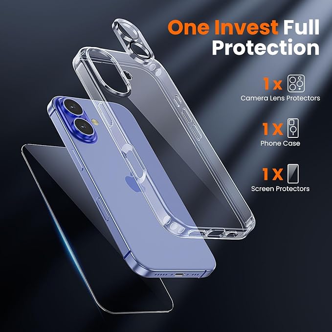 3 in 1 for iPhone 16 Case Clear,[Yellowing-Resistant Acrylic Back] Screen Protector *1 & Camera Lens Protector*1, Shockproof for iPhone 16 Phone Case 6.1 inch Clear