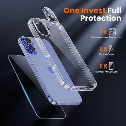 3 in 1 for iPhone 16 Case Clear,[Yellowing-Resistant Acrylic Back] Screen Protector *1 & Camera Lens Protector*1, Shockproof for iPhone 16 Phone Case 6.1 inch Clear