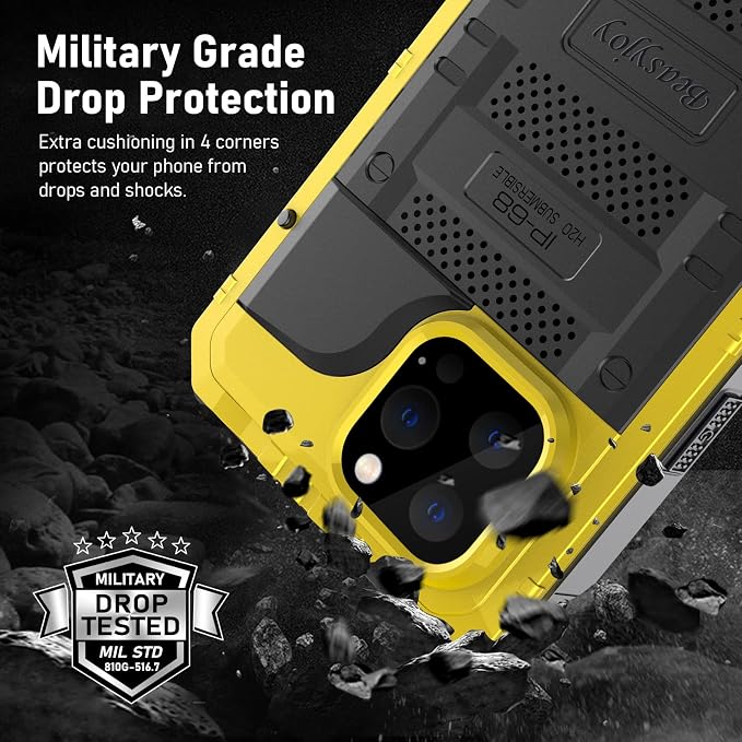 Beasyjoy Waterproof Case for iPhone 13 Pro Max, Built in Screen Protector Metal Full Body Defender Case, Military Grade Rugged Heavy Duty Shockproof Armor Tough Phone Case 6.7'' (Yellow)