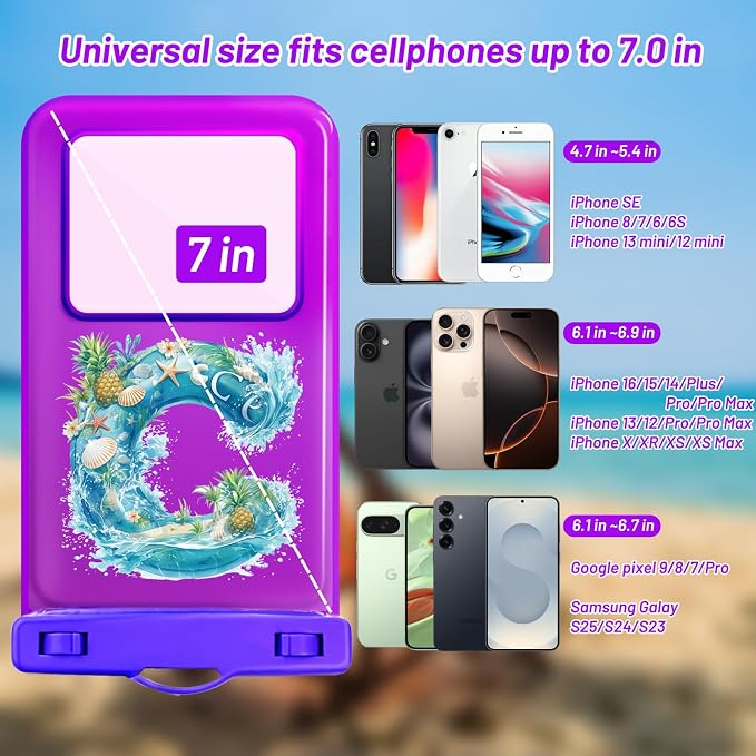 Personalized Initial Waterproof Phone Pouch Case - IPX8 Cellphone Dry Bag with Lanyard for iPhone 16/15/14/13/12 Pro Max (6.1–6.9"), Beach & Cruise Ship Essentials with Monogrammed Design (Purple, C)