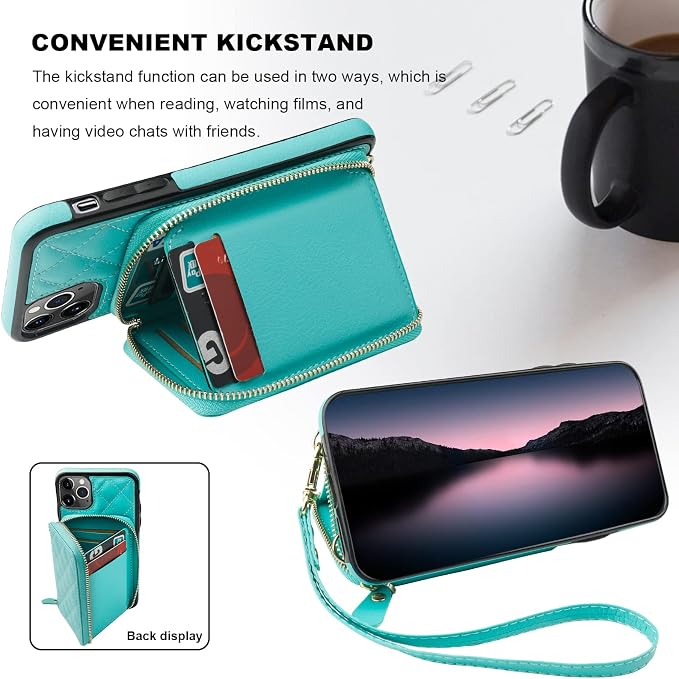 Bocasal Crossbody Wallet Case for iPhone 11 Pro Max, RFID Blocking PU Leather Zipper Handbag Purse Flip Cover, Kickstand Folio Case with Card Slots Holder Wrist Strap Lanyard 6.5 Inch (Mint Green)