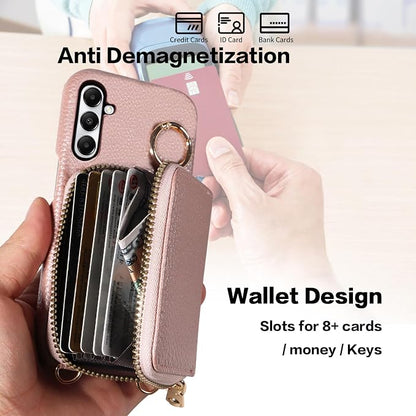 Wallet Case for Samsung Galaxy A34 5G with Shoulder Strap Ring Buckle, Luxury PU Leather Zipper Flip Organ Purse Credit Card Holder Stand Full Body Cell Phone Cover for A 34 34A Women Rose Gold