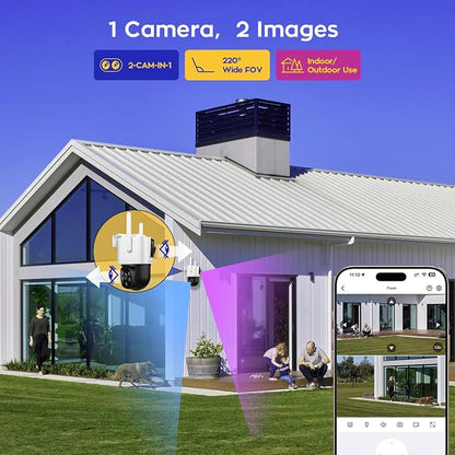 xmartO WiFi6 Dual-Lens Security Camera, 4MP QHD 2-in-1 Home Camera with 180° Static FOV & 360°PTZ AI Tracking, 5G/2.4G Dual Band, Bluetooth Easy Setup, (Works Only w WiFi6 NVR, Also Works Standalone)