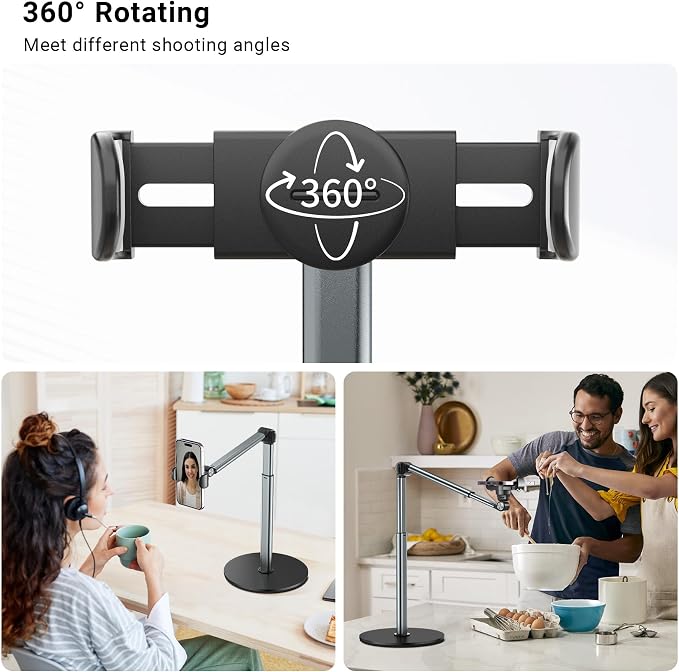 Overhead Phone Mount for Video Recording, Aluminum Overhead Tripod for iPhone, Desk Phone Camera Stand for Cooking, Nail Techs, Filming, Live Streaming