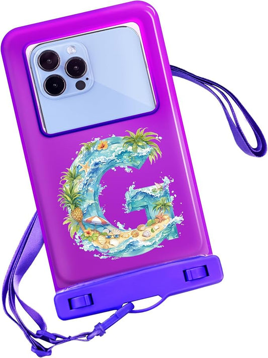 Personalized Initial Waterproof Phone Pouch Case - IPX8 Cellphone Dry Bag with Lanyard for iPhone 16/15/14/13/12 Pro Max (6.1–6.9"), Beach & Cruise Ship Essentials with Monogrammed Design (Purple, G)