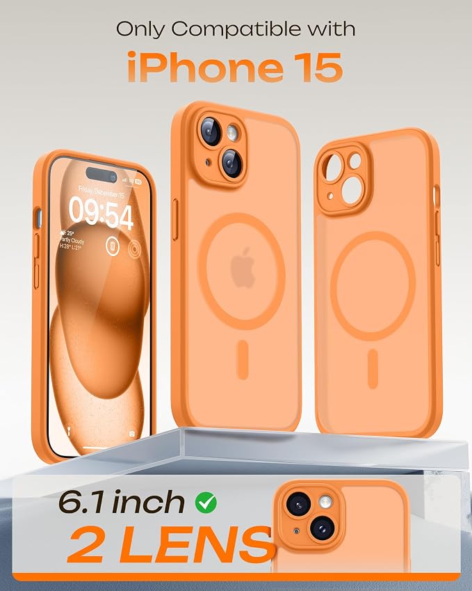 TOCOL for Phone 15 Case, Compatible with Magsafe Charger, Full Camera Protection, Drop Protection, Translucent Matte Phone Case for iPhone 15 6.1 inch (Orange)