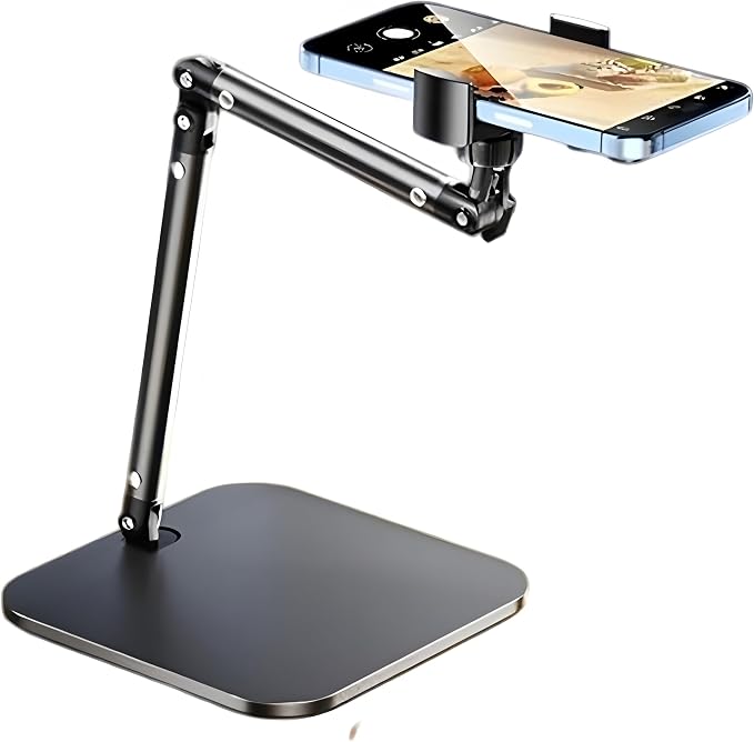 Adjustable Overhead Phone Stand for Desk, Black Metal Articulating Arm Mount, Desktop Video Recording Tripod, Live Streaming Photography Holder