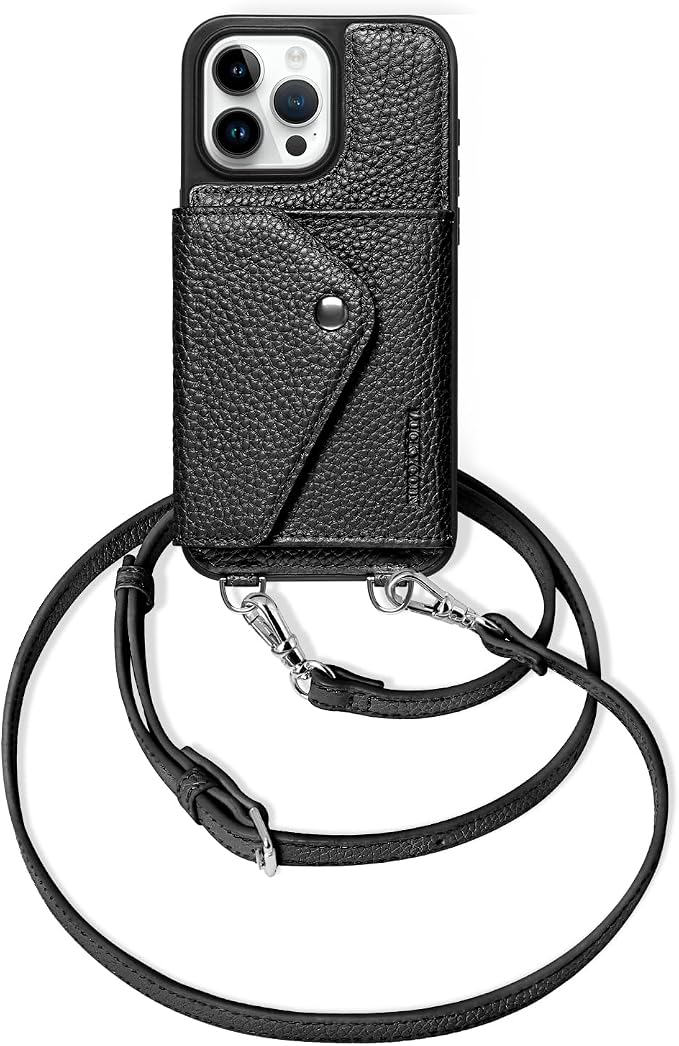 LUCKYCOIN for iPhone 15 Pro Max Crossbody Wallet Case – Genuine Leather Phone Purse with Adjustable Strap and Card Holder,Lanyard Phone Purse Case for Women,Pebble Grain Black