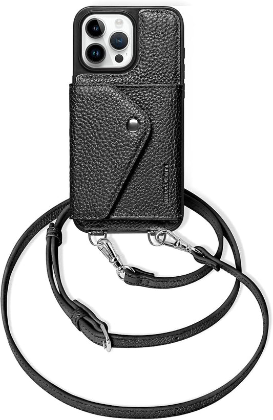 LUCKYCOIN for iPhone 15 Pro Max Crossbody Wallet Case – Genuine Leather Phone Purse with Adjustable Strap and Card Holder,Lanyard Phone Purse Case for Women,Pebble Grain Black