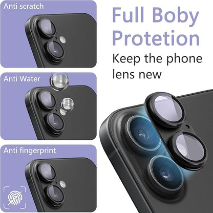 2 Pack Camera Lens Protector for iPhone 16/16 Plus,Metal AR Tempered Glass Rear Camera Screen Cover,Anti-Scratch,Strong Adsorption,Case Friendly, Easy to Install-Silver