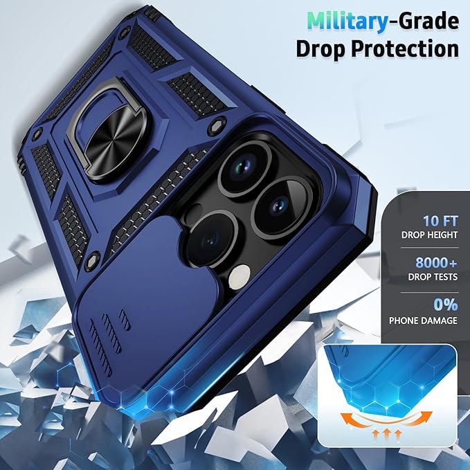 Vinve for iPhone 14 Pro Max Case with Slide Lens Cover HD Screen Protector, Military Grade Drop Protection, Magnetic Rotated Ring Holder Kickstand Protective Phone Case (Navy Blue)