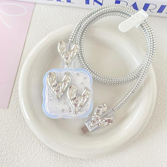 Charger Cover Set, Compatible with Apple 40W Dynamic Power Adapter (with 60W Max), DIY 3D Wave Transparent Flexible TPU Charger Case + Plated Spiral Data Cable Protector, Ruched Heart (5in1)