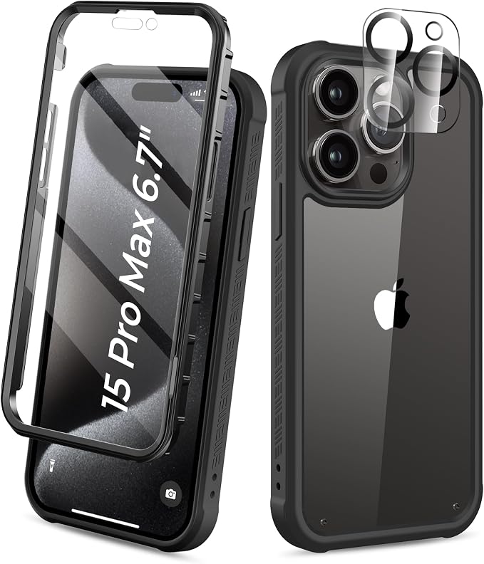 Compatible with iPhone 15 Pro Max Case, Built-in Screen Protector, with Camera Lens Protector, Anti-Yellowing Full Body Phone Case, Shockproof Protective Cover for 15 ProMax 6.7" (Black)