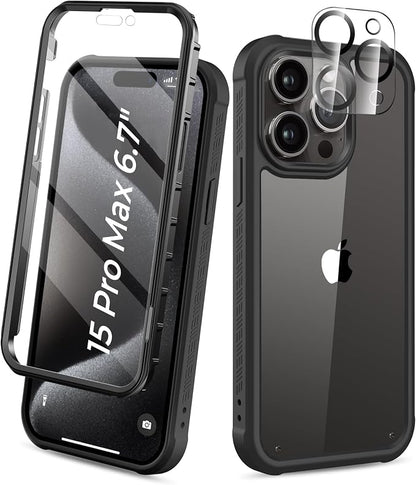 Compatible with iPhone 15 Pro Max Case, Built-in Screen Protector, with Camera Lens Protector, Anti-Yellowing Full Body Phone Case, Shockproof Protective Cover for 15 ProMax 6.7" (Black)