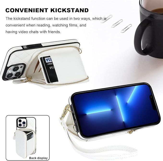 Bocasal Crossbody Wallet Case for iPhone 13 Pro Max, RFID Blocking PU Leather Zipper Handbag Purse Flip Cover, Kickstand Folio Case with Card Slots Holder Wrist Strap Lanyard 5G 6.7 Inch (White)