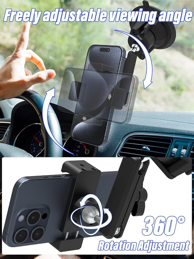 Heat Resistant Suction Cup Phone Holder, Ultra-Durable Metal Arm Phone Mount for Car Windshield Window Sunroof Dash, Vehicle Car Phone Holder Fit for 4-7" Cellphone