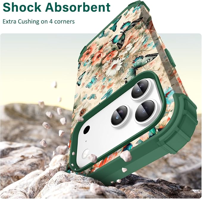 Hocase for iPhone 17 Pro Case 6.3", Heavy Duty Shockproof Protection Soft Silicone Rubber+Hard Plastic Bumpers Hybrid Protective Case for iPhone 17 Pro 2025 - Teal Green Butterflies