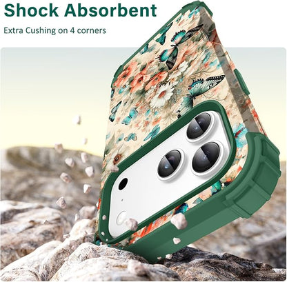 Hocase for iPhone 17 Pro Case 6.3", Heavy Duty Shockproof Protection Soft Silicone Rubber+Hard Plastic Bumpers Hybrid Protective Case for iPhone 17 Pro 2025 - Teal Green Butterflies