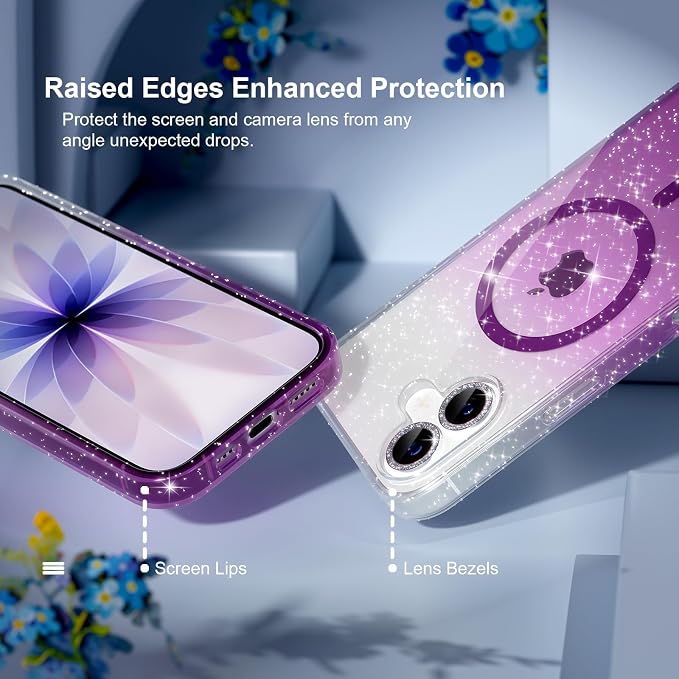 Choiche Magnetic for iPhone 17 Case Compatible with MagSafe, Women Cute Glitter Sparkly Phone Case with Diamond Camera Lens Protectors, Military-Grade Drop Protection 6.3" (Clear/Purple)