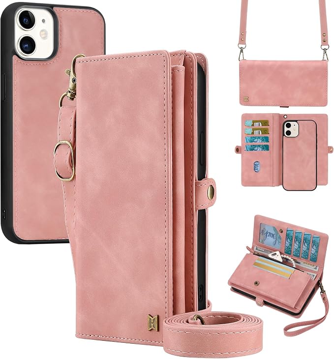 for Wallet Case Compatible with iPhone 12,Multi-Function Detachable 2 in 1 Magnetic iPhone 12 Case Wallet,Flip Strap Zipper Card Holder Phone Case with Shoulder Straps (Pink)