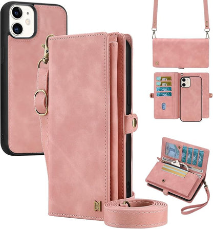 for Wallet Case Compatible with iPhone 11,Multi-Function Detachable 2 in 1 Magnetic iPhone 11 Case Wallet,Flip Strap Zipper Card Holder Phone Case with Shoulder Straps (Pink)