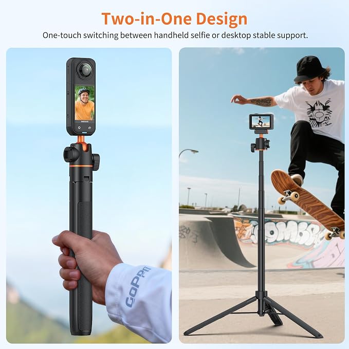VRIG 55" Action Camera Selfie Stick Tripod for DJI Osmo Action 6/ Osmo Nano, Dual-Direction Magnetic Quick Release Adapter, 360° Ball Head & Cold Shoe Mount, 13 to 55 inches Extendable Rod, AC-71