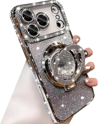 Glitter Kickstand Case for iPhone 17 Pro Max,Cute Bling Sparkly Diamond Rhinestone with Camera Lens Protector Liquid Flowing Ring Stand TPU Bumper Women Girl Case for iPhone 17 Pro Max,Silver