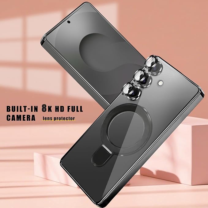 Magnetic Case for Samsung Galaxy S24 Case Stand & Ring Holder Compatible with MagSafe Built-in Camera Lens Protector Shockproof Phone Case for Samsung S24 - Black