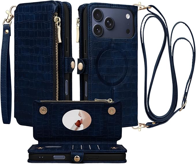 Crossbody Wallet Case for iPhone 17 Pro Max with Mirror, Wrist Strap, Zipper Purse Magnetic Flip, RFID Blocking Card Holder, Wireless Charging, PU Leather Shockproof 6.9" Women (Navy Blue)