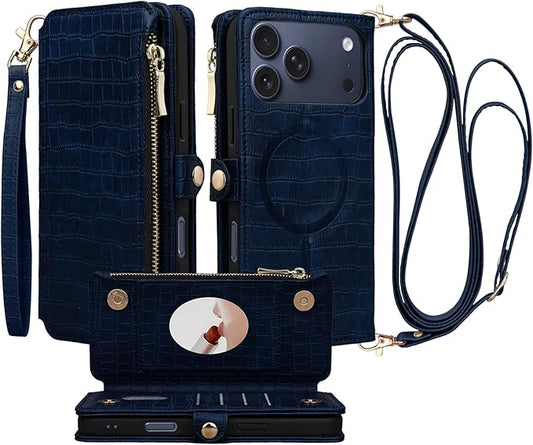 Crossbody Wallet Case for iPhone 17 Pro Max with Mirror, Wrist Strap, Zipper Purse Magnetic Flip, RFID Blocking Card Holder, Wireless Charging, PU Leather Shockproof 6.9" Women (Navy Blue)