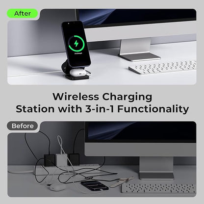 KU XIU X55 Turbo Qi2.2 25W 3-in-1 Charging Station for Apple Device, Foldable Magnetic Charger for iPhone 17/16, 5W for Apple Watch & AirPods, Fast Travel Wireless Charging Stand with 45W Adapter