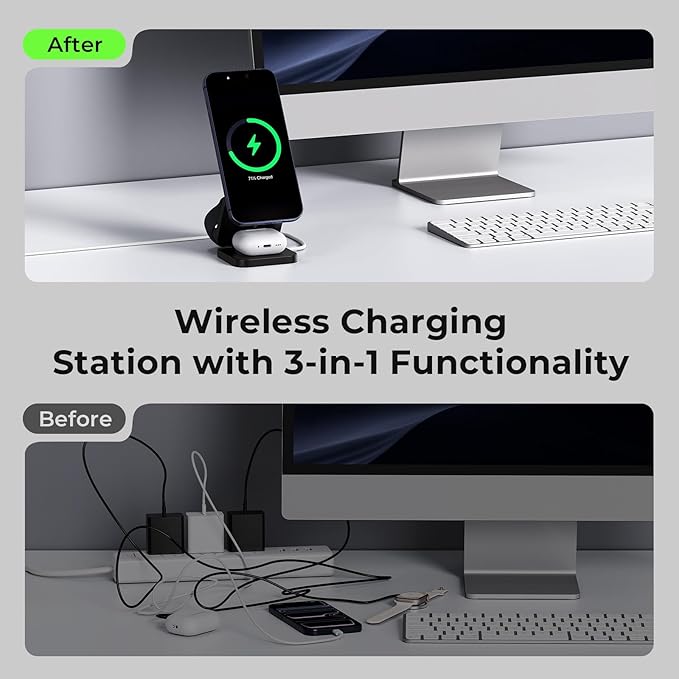 KU XIU Qi2.2 25W 3-in-1 Charging Station for Apple Device, Foldable Magnetic Charger for iPhone 17/16, 5W for Apple Watch & AirPods, Fast Travel Wireless Charging Stand with 45W Adapter