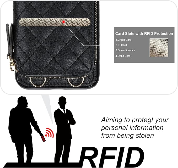 Bocasal Crossbody Wallet Case for iPhone SE 2022/SE 2020/8/7, RFID Blocking PU Leather Zipper Handbag Purse Flip Cover, Kickstand Folio Case with Card Slots Holder Wrist Strap Lanyard 4.7 Inch (Black)