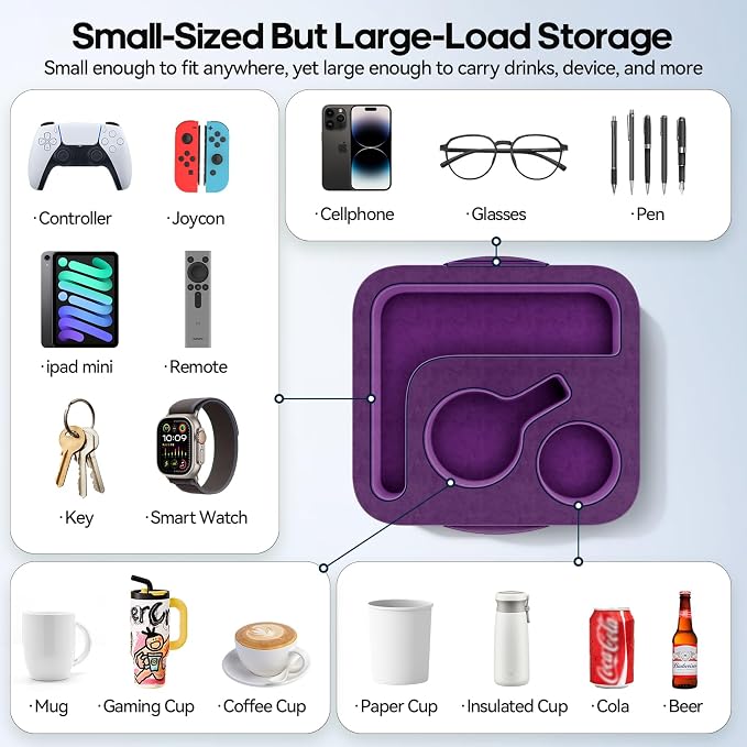 Couch Cup Holder Pillow, Sofa and Bed Caddy for iPad, Kindle, Switch, Game Controller, Remotes, Phones, Small-Sized Cup & Drink Holder for Couch, Bed, Desk, Car, Beach, Bathroom Cup Holder Purple