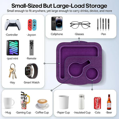 Couch Cup Holder Pillow, Sofa and Bed Caddy for iPad, Kindle, Switch, Game Controller, Remotes, Phones, Small-Sized Cup & Drink Holder for Couch, Bed, Desk, Car, Beach, Bathroom Cup Holder Purple