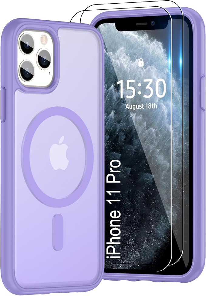 For iPhone 11 Pro Case [Compatible with Magsafe] Translucent Matte Magnetic 11 Pro Phone Case with Screen Protector,SlimThin Shockproof Military Grade Drop Protection Cover for iPhone 11 Pro-purple