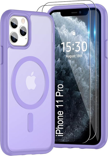 For iPhone 11 Pro Case [Compatible with Magsafe] Translucent Matte Magnetic 11 Pro Phone Case with Screen Protector,SlimThin Shockproof Military Grade Drop Protection Cover for iPhone 11 Pro-purple