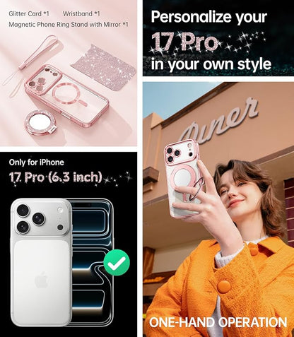 Meifigno Designed for iPhone 17 Pro Magnetic Case with Removable Phone Ring Stand, [Glitter Card & Wrist Strap] [MagSafe Compatible] [Built-in Mirror] Phone Ring Stand + Phone Case Kit, Rose Gold