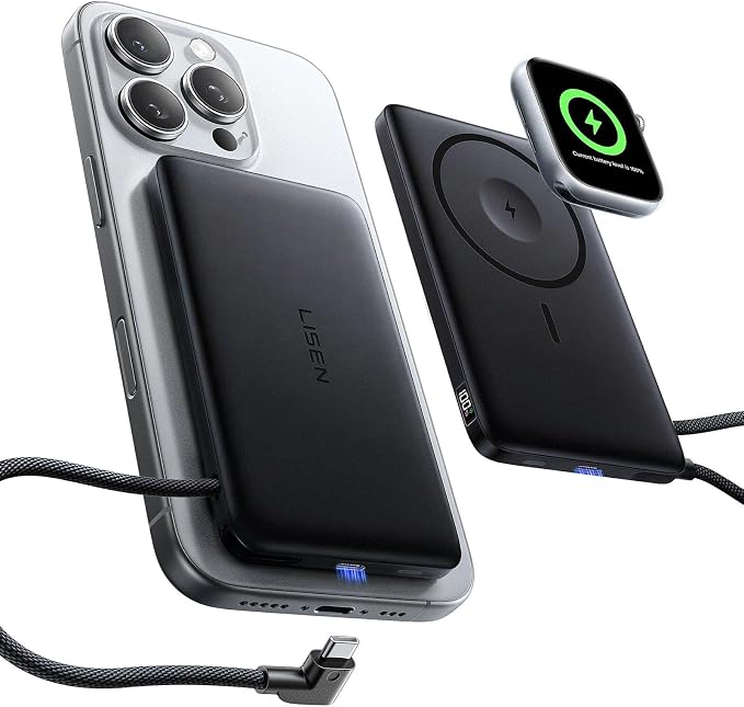 LISEN Ultra Slim MagSafe Battery Pack,10000mAh Fast Charging MagSafe Power Bank Slim Wireless,Slim Magnetic Portable Charger,Magnetic Power Bank for iPhone 17/16/15,Apple Watch Series 11 10 9，Black