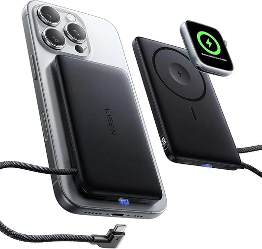 LISEN Ultra Slim MagSafe Battery Pack,10000mAh Fast Charging MagSafe Power Bank Slim Wireless,Slim Magnetic Portable Charger,Magnetic Power Bank for iPhone 17/16/15,Apple Watch Series 11 10 9，Black