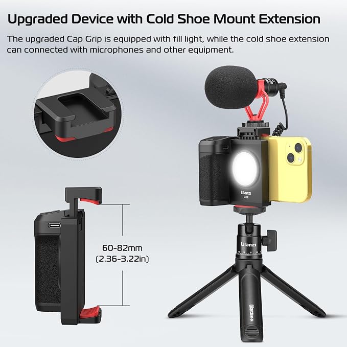 ULANZI CG02 Upgraded Smartphone Camera Shutter Handle Grip w Detachable Wireless Bluetooth Remote Control,Three-Gear Adjustable Fill Light for iPhone Samsung Google OnePlus Phones Video/Photo Shooting
