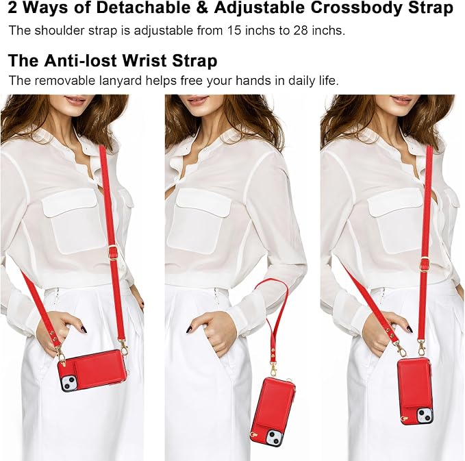 KIHUWEY Crossbody Wallet Case for iPhone 13 iPhone 14, Zipper Pocket Case with Card Holder, PU Leather RFID Blocking Protective Cover Case with Kickstand Detachable Wrist Strap Lanyard 6.1" (Red)