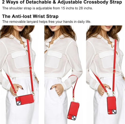 KIHUWEY Crossbody Wallet Case for iPhone 13 iPhone 14, Zipper Pocket Case with Card Holder, PU Leather RFID Blocking Protective Cover Case with Kickstand Detachable Wrist Strap Lanyard 6.1" (Red)