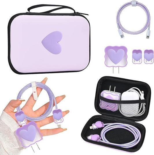 CameCosy DIY Phone Charger Case Storage Sets Cable Protector Earphone Wire Saver with Travel Storage Bag, Cute Cable Charger Protector Cord Organizer for iPhone (Purple Love Heart)