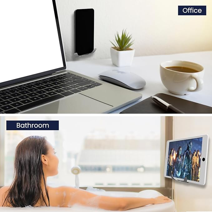 Wall Mount Bathroom Kitchen Cell Phone Holder, Mirror Cellphone Stand Adhesive Remote Control | Eye Glasses | Smartphone | Keys | Compatible with iPhone iPad Apple TV,Google Chromecast - 2 Pack
