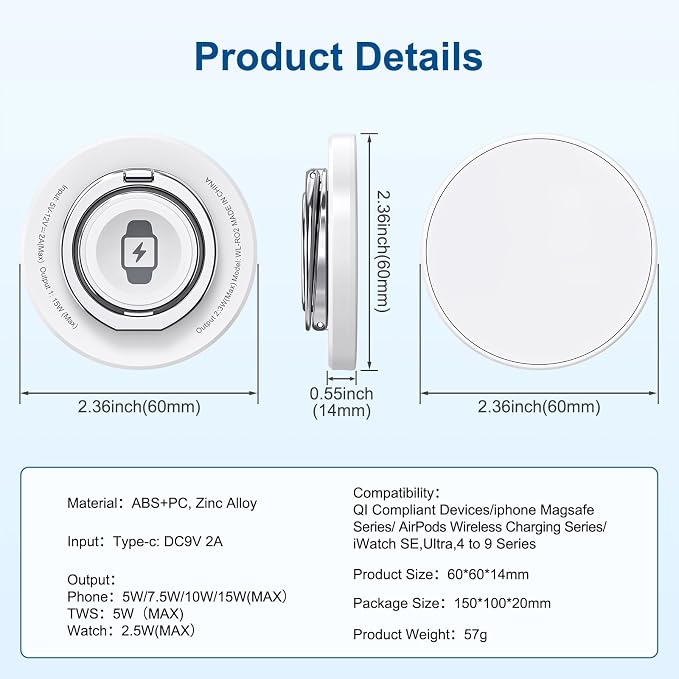 Double Phone Ring Magnetic Charging Holder | Wireless Charging Phone Ring Stand | 3-in-1 Charging Station for Apple Devices | Multi-Device Travel Charger for iPhone, AirPods & Apple Watch (white)