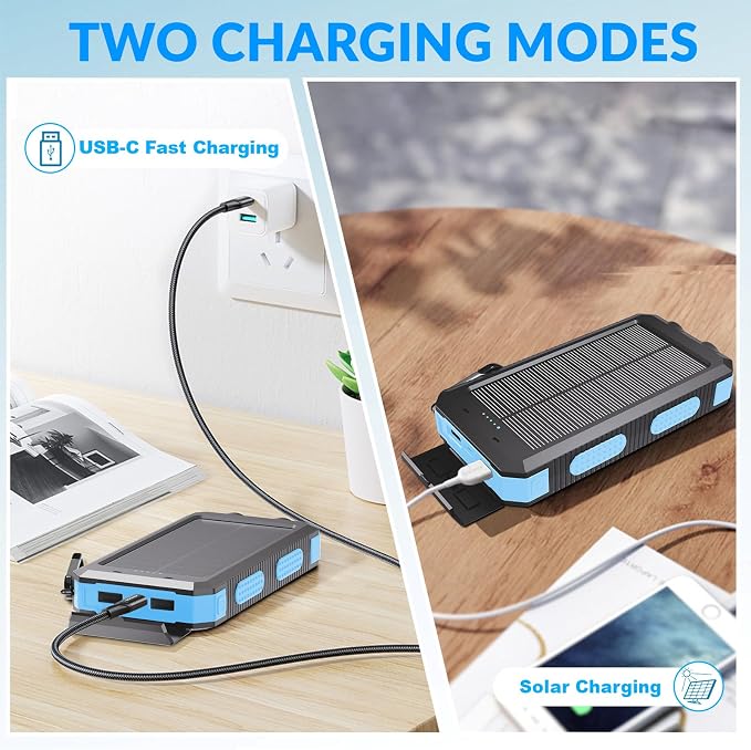 Power Bank Solar Charger 20,000mAh, Portable Phone Charger, 4 Cables Outdoor Waterproof External Backup Power Charger with USB-C for Cell Phones, Solar Battery Pack with Dual Flashlight for Camping