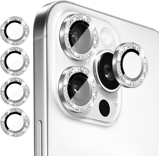 Compatible for iPhone 14 Pro/iPhone 14 Pro Max Camera Lens Protector Bling, Cute Sparkle Glitter Luxury Camera Cover for Women, Anti-Scratch (3 Protectors + 1 Extra), Silver